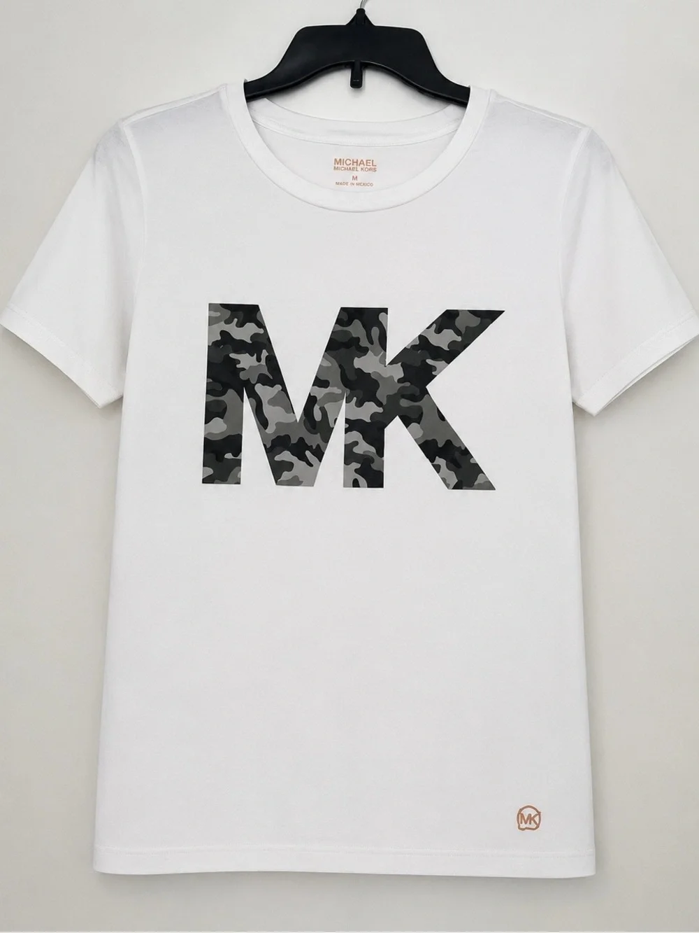 Michael Kors Kids White Tee with Black and Gray Camo MK Logo